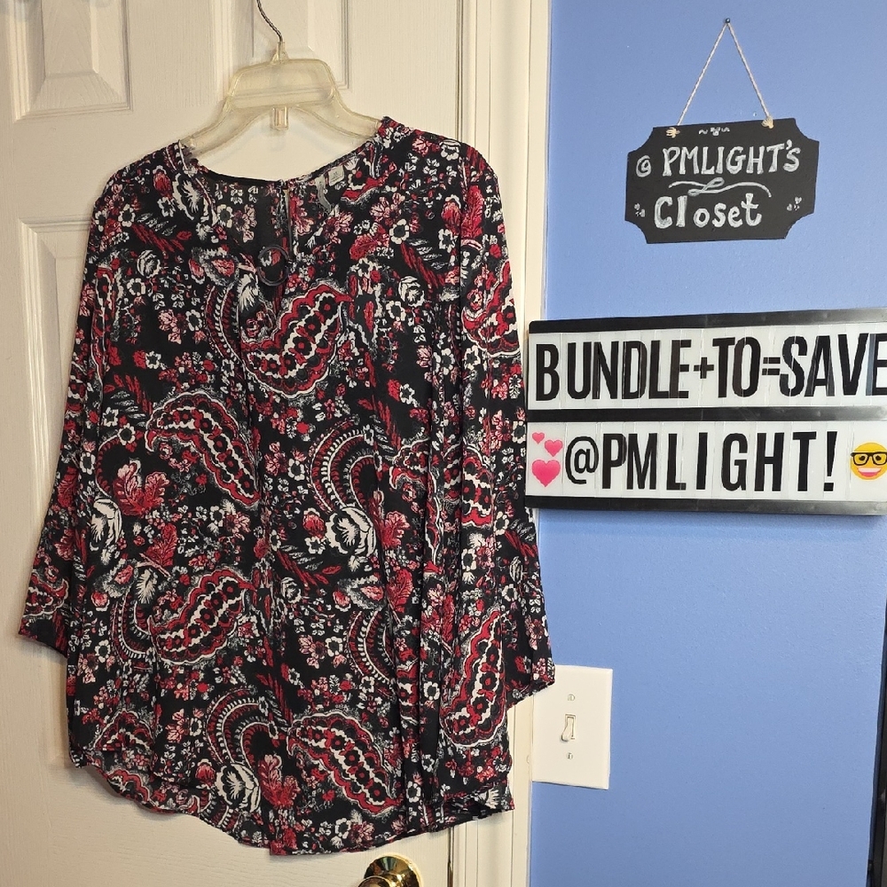 Cato Blouse XL Black Red White Floral Print